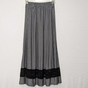 ROBERT LOUIS, Black w Blue Print, Jersey Maxi Pull-On Skirt w Black Lace; Size S